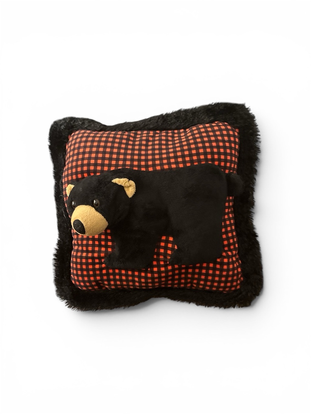 Vintage Plush Black Bear Accent Pillow with Red Plaid